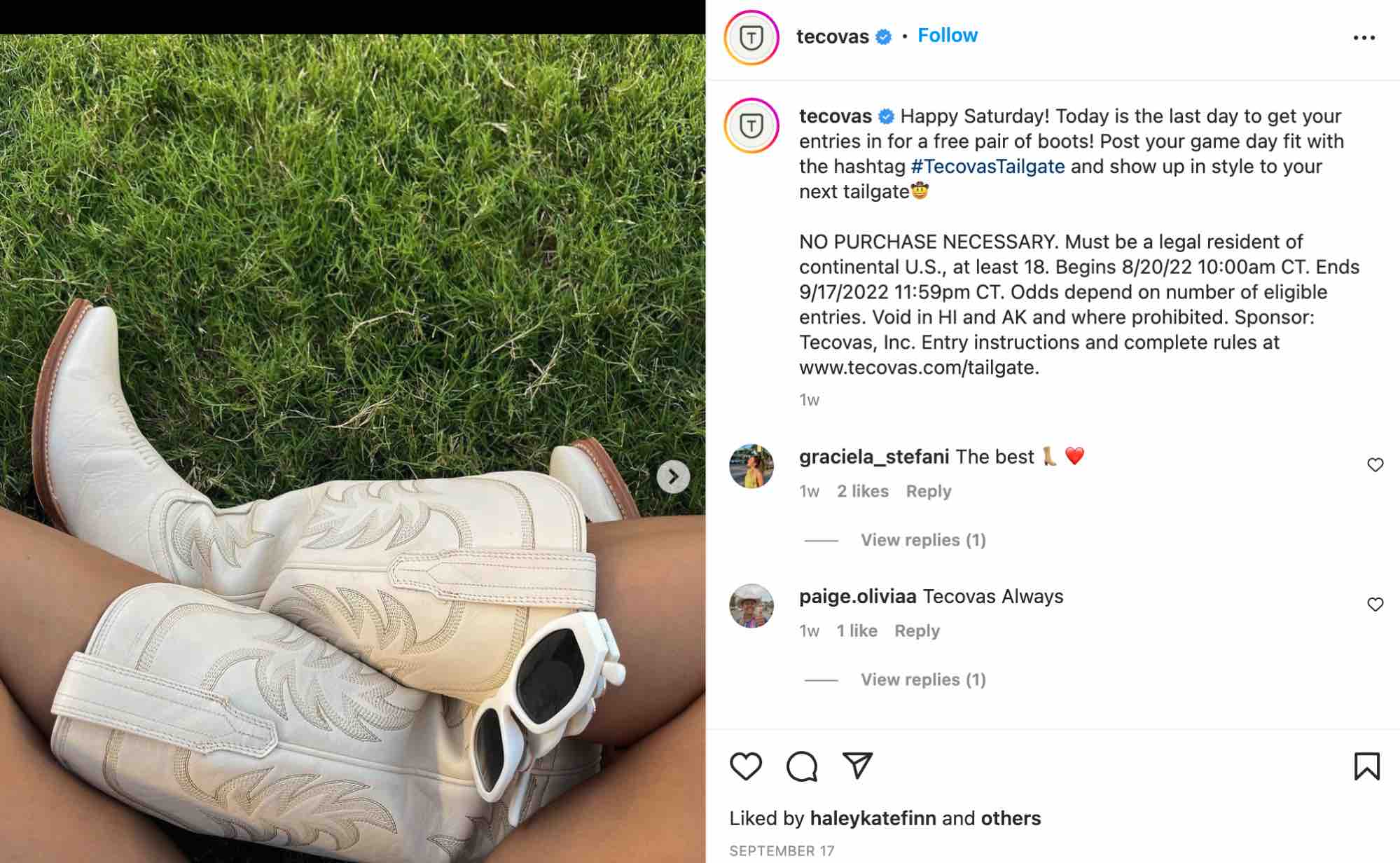 instagram marketing pentru afaceri mici, o postare Instagram de la brandul de boot Tecovas demonstrează modul în care hashtag-urile de marcă pot fi eficiente pentru strategia de marketing Instagram pentru o afacere mică.