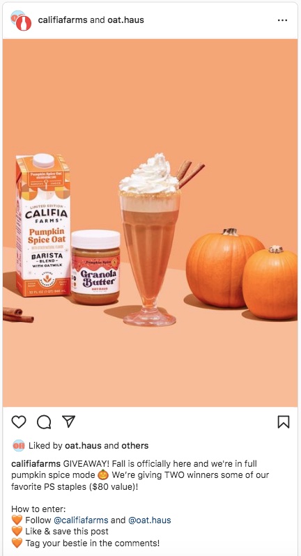 marketing pe instagram pentru afaceri mici, Califia Farms și Oat Haus colaborează la un giveaway ca parte a strategiilor lor de marketing Instagram.