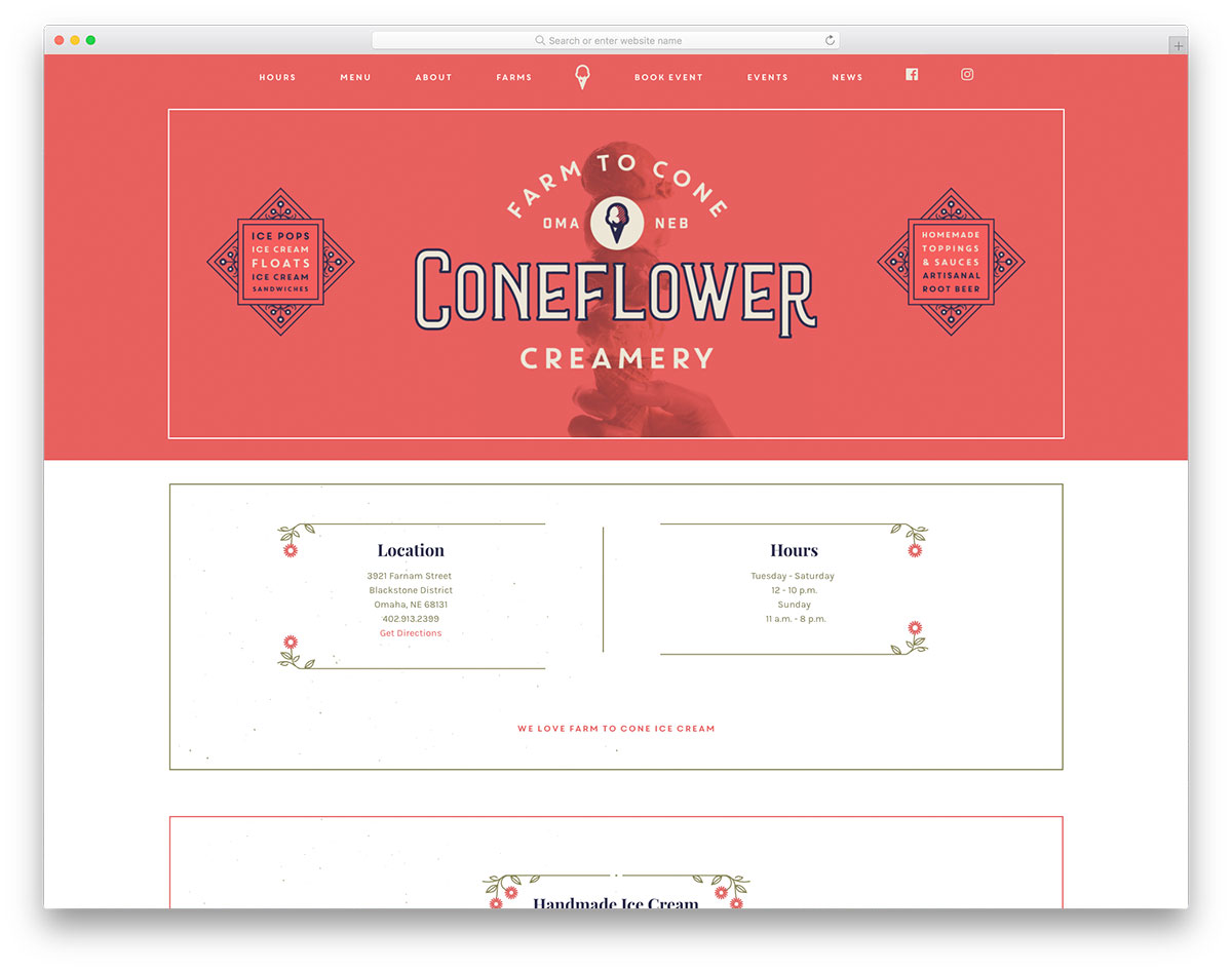 Diseño del sitio web de Cone Flower Creamery