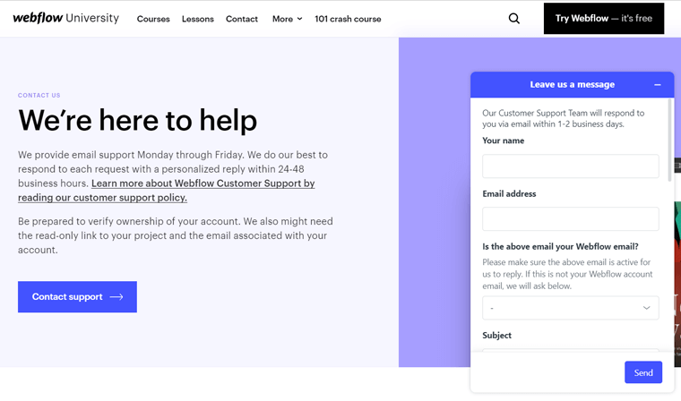 Asistență prin e-mail Webflow