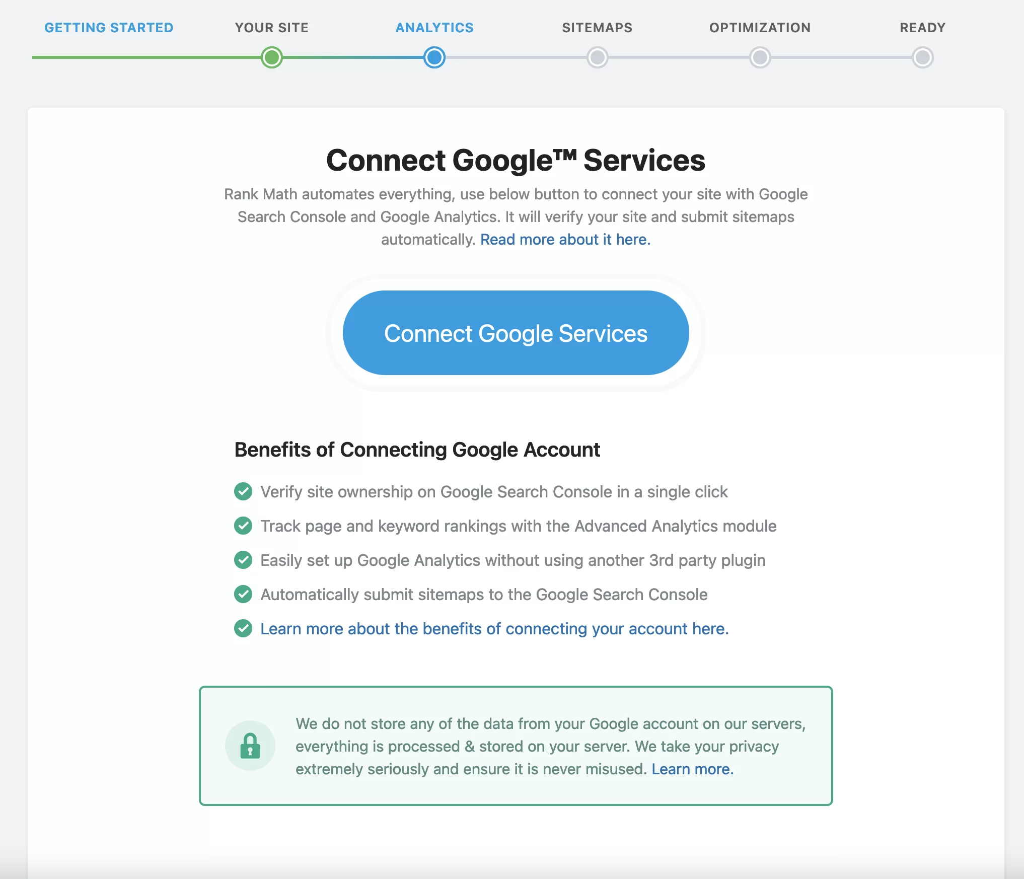 Connessione ai servizi Google con Rank Math SEO.