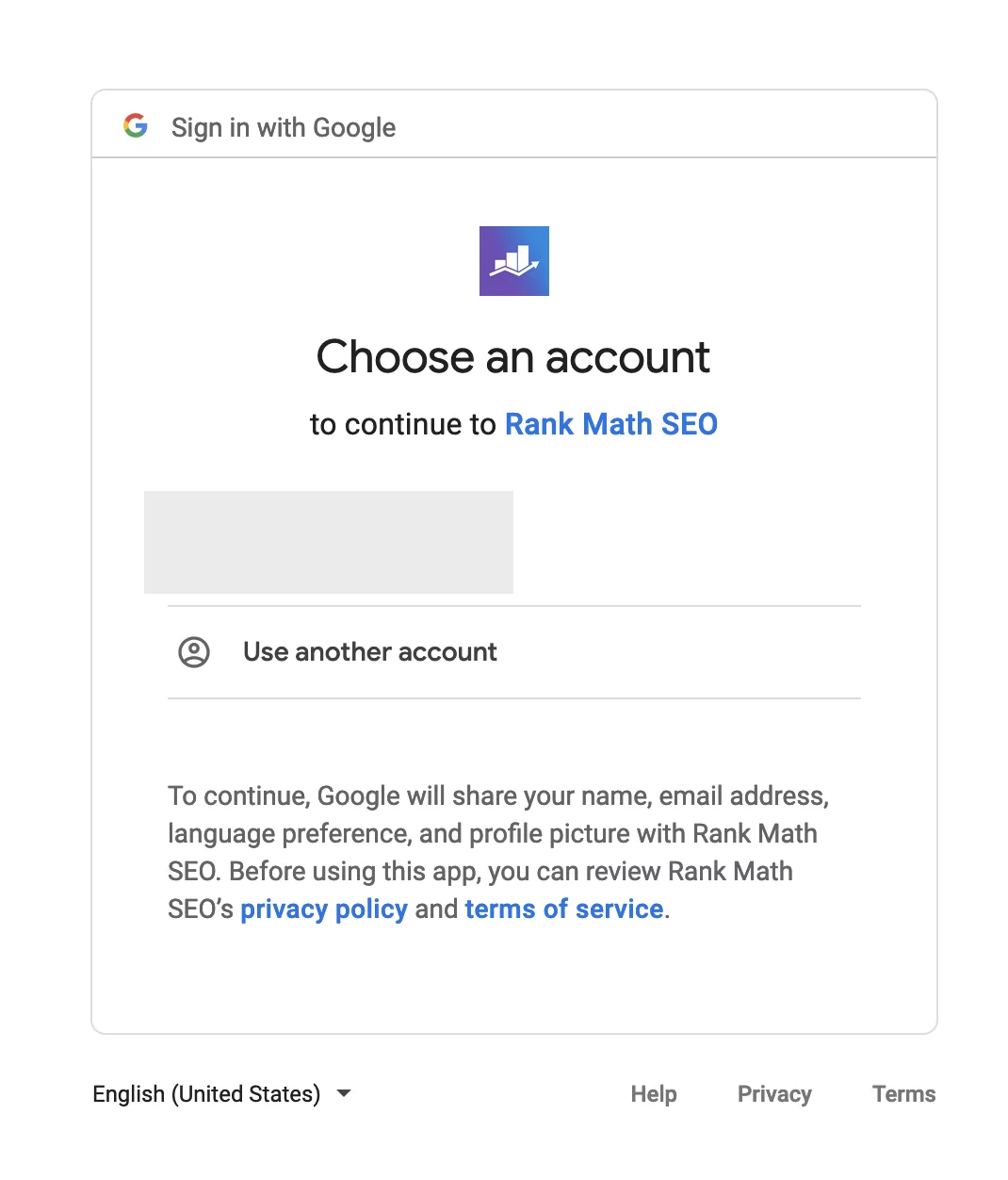 Escolha uma conta para permitir que o Rank Math acesse o Google Search Console.