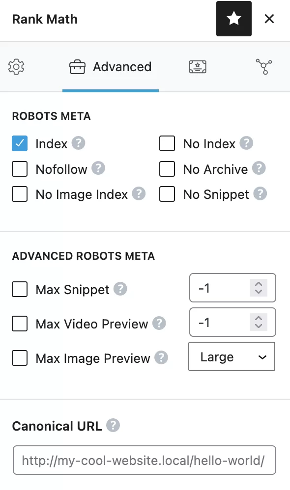 Rank Math 中的 Robots Meta 選項卡。