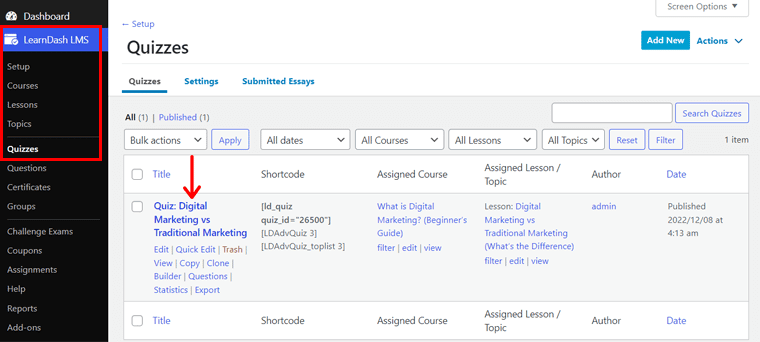 افتح الاختبار من LearnDash LMS> Quizzes