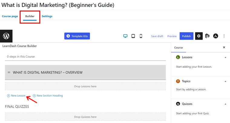 انقر فوق إضافة درس جديد لدورة LearnDash Course