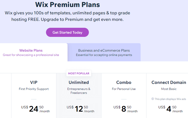 Wix 웹사이트 플랜