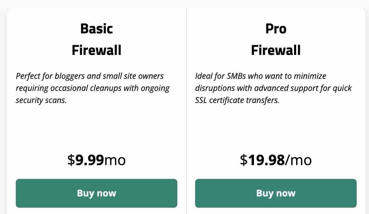 Prezzi del firewall di Sucuri.