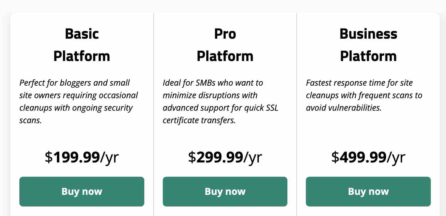 Prezzi della piattaforma di sicurezza del sito web di Sucuri.