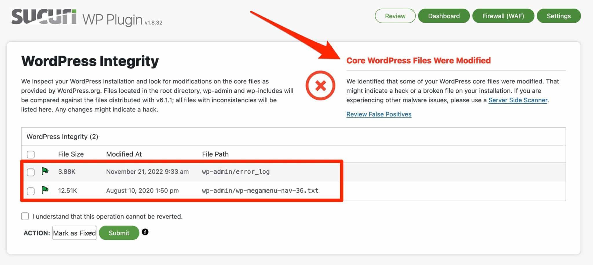 Sucuri kann Sie darüber informieren, ob Ihre WordPress-Core-Dateien bearbeitet wurden.