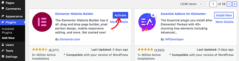 Aktifkan Pembuat Situs Web Elementor