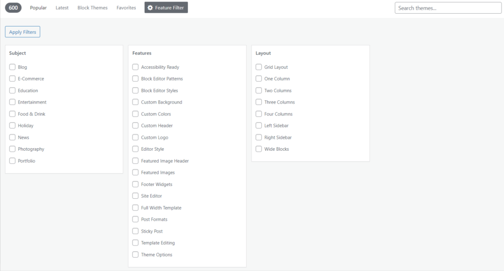 Aplique temas a su sitio web de WordPress utilizando su categoría de filtro de características