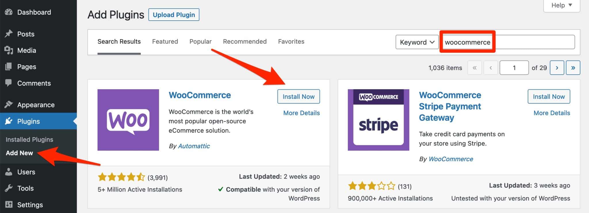 Você pode adicionar WooCommerce a partir do painel do WordPress.