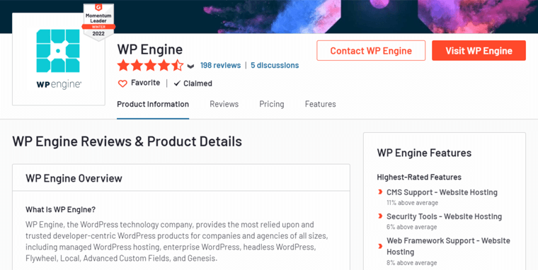 WP Engine 上的 G2 评论