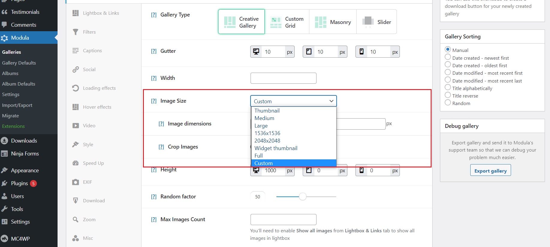 Configurações de dimensionamento de imagem do módulo