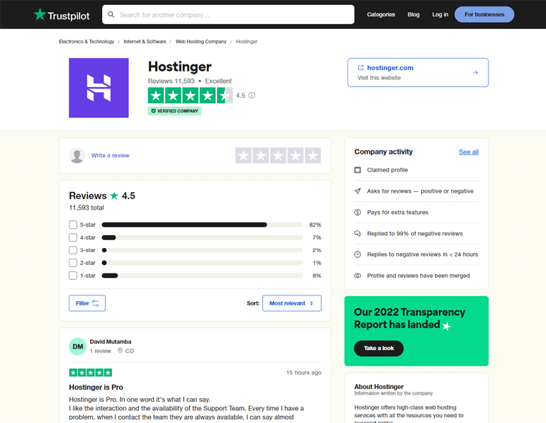 Обзор Hostinger Trustpilot