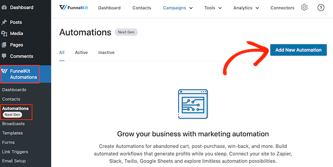 Tworzenie nowej automatyzacji WordPress za pomocą FunnelKit
