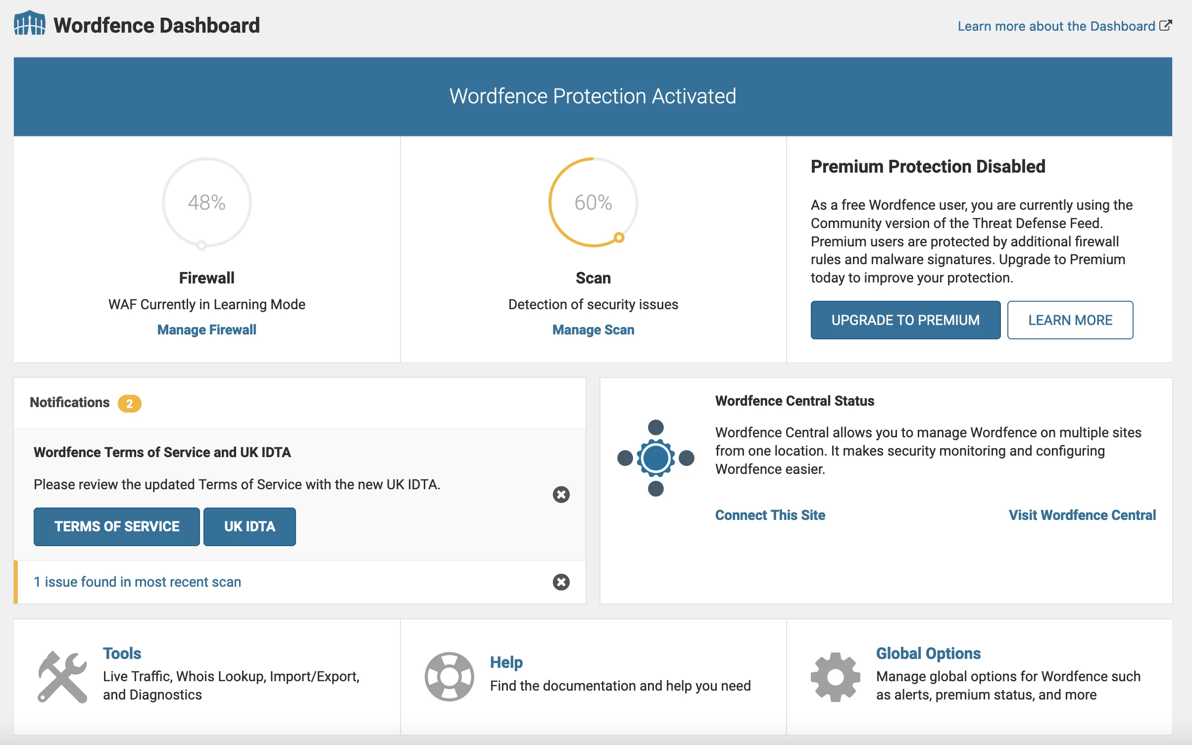 La dashboard di Wordfence Security.