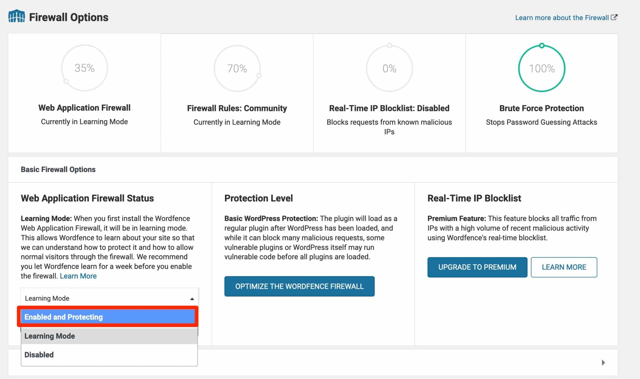 Configuration du pare-feu d'application Web dans Wordfence.