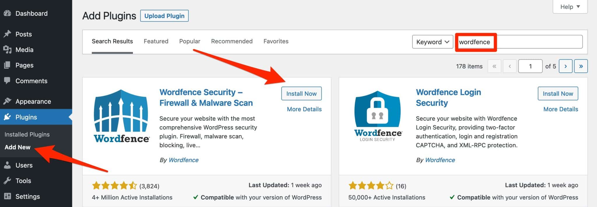 可以从 WordPress 管理员添加 Wordfence Security。