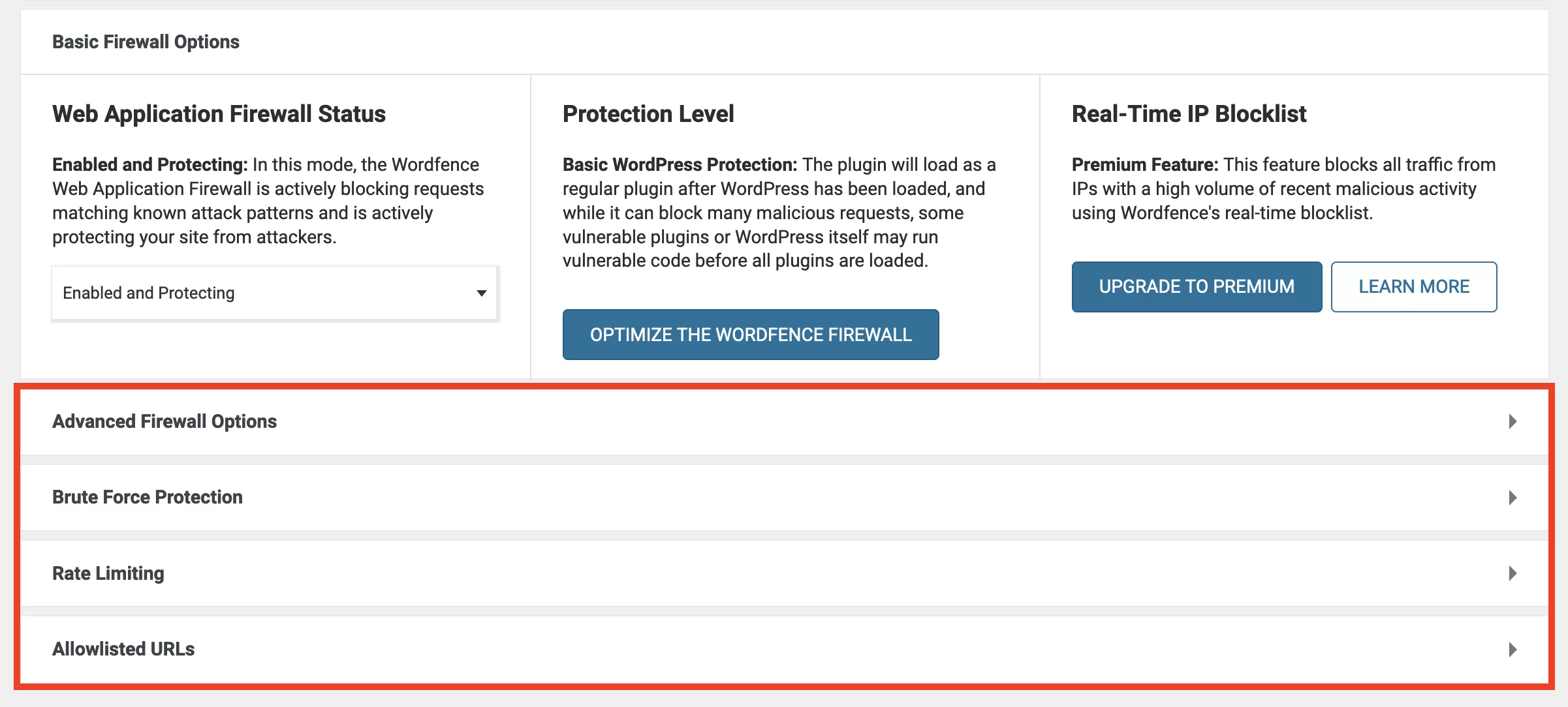 Opzioni aggiuntive per il firewall di Wordfence.