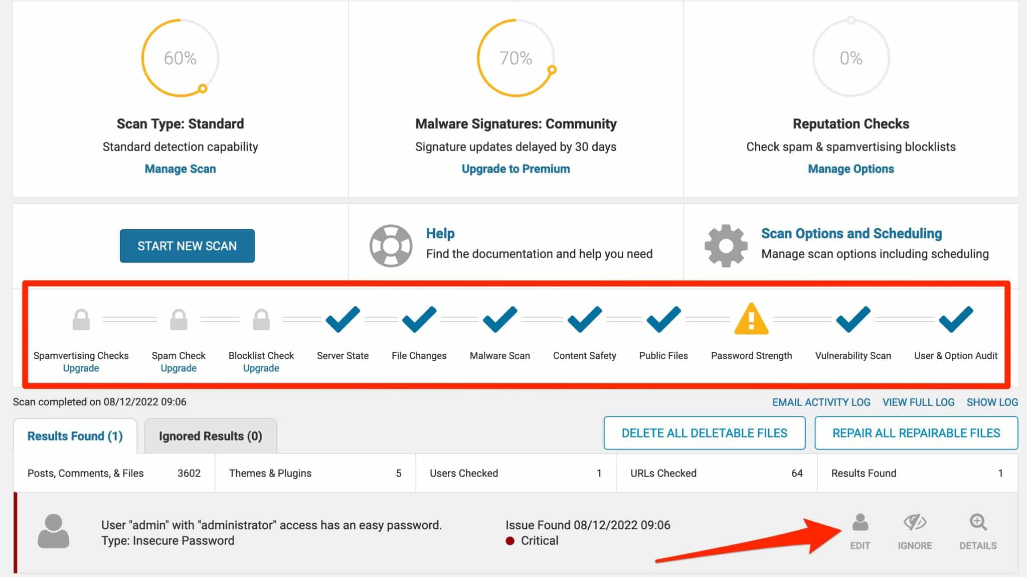 Risultati della scansione di Wordfence Security.