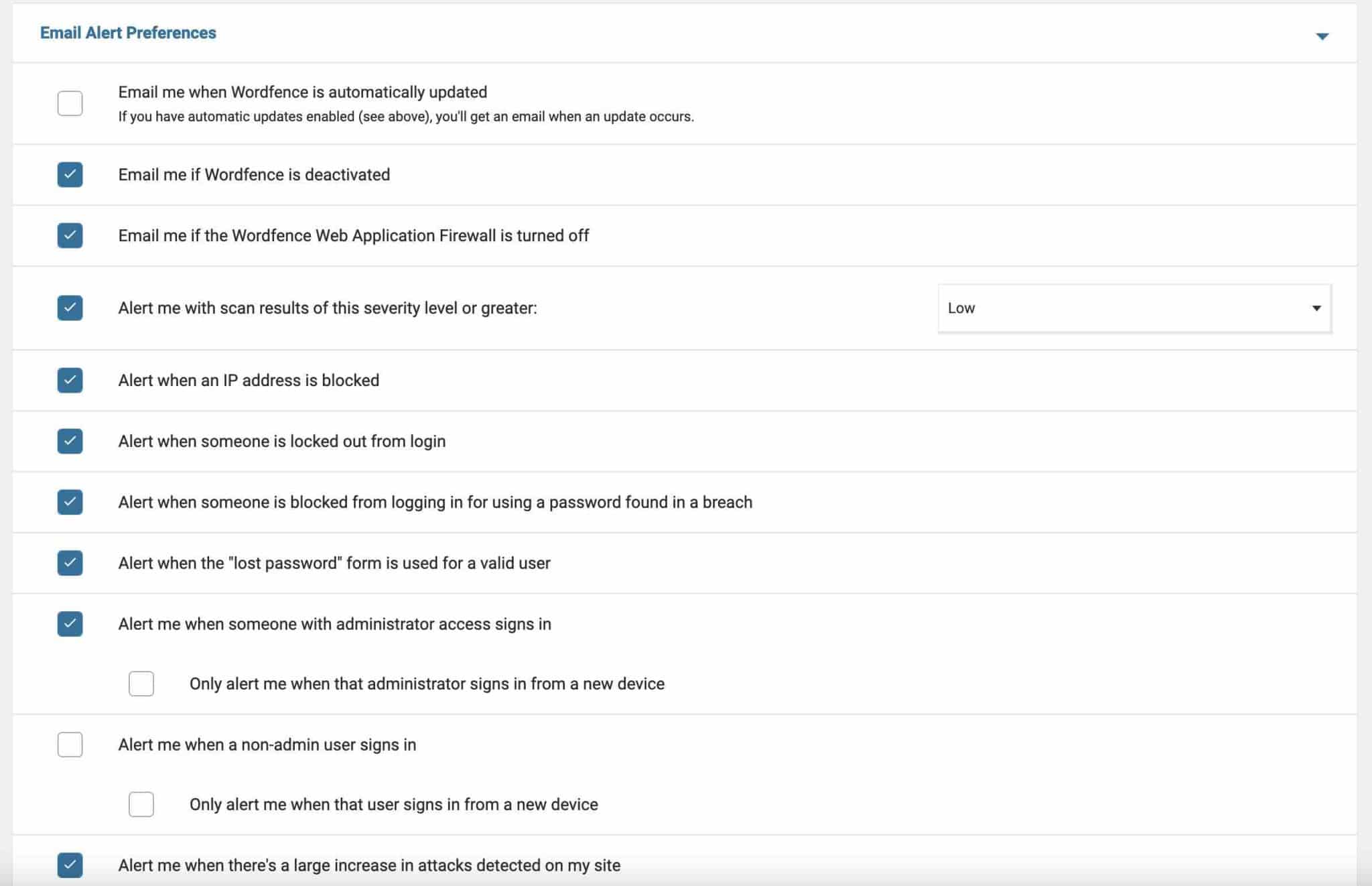 Wordfence 允许您设置电子邮件警报首选项。