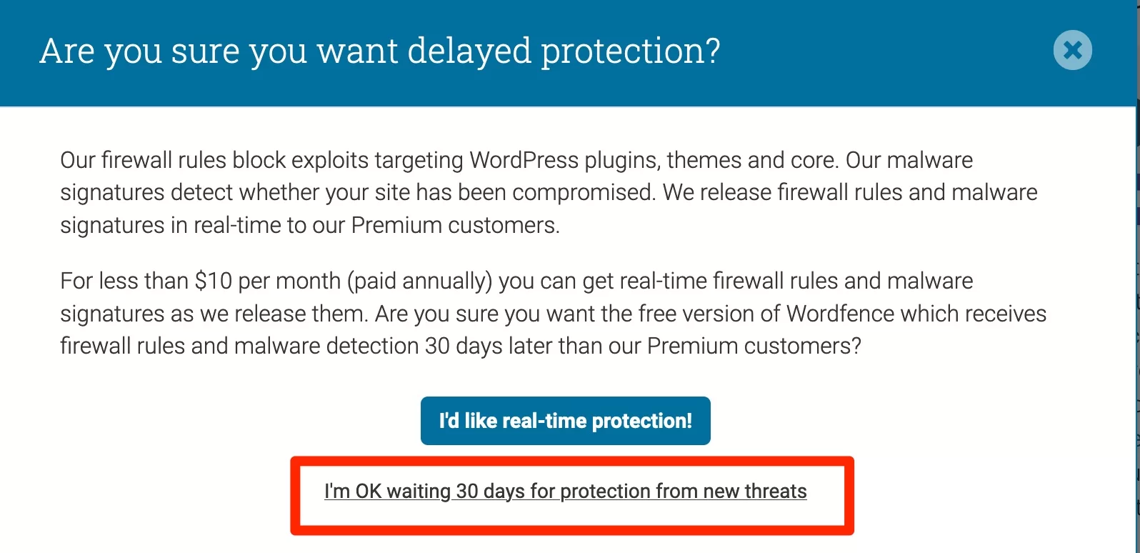使用 Wordfence 免費許可證的延遲保護。