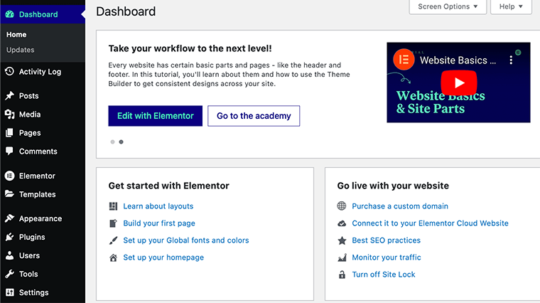 Elementor โฮสต์ WP Dashboard