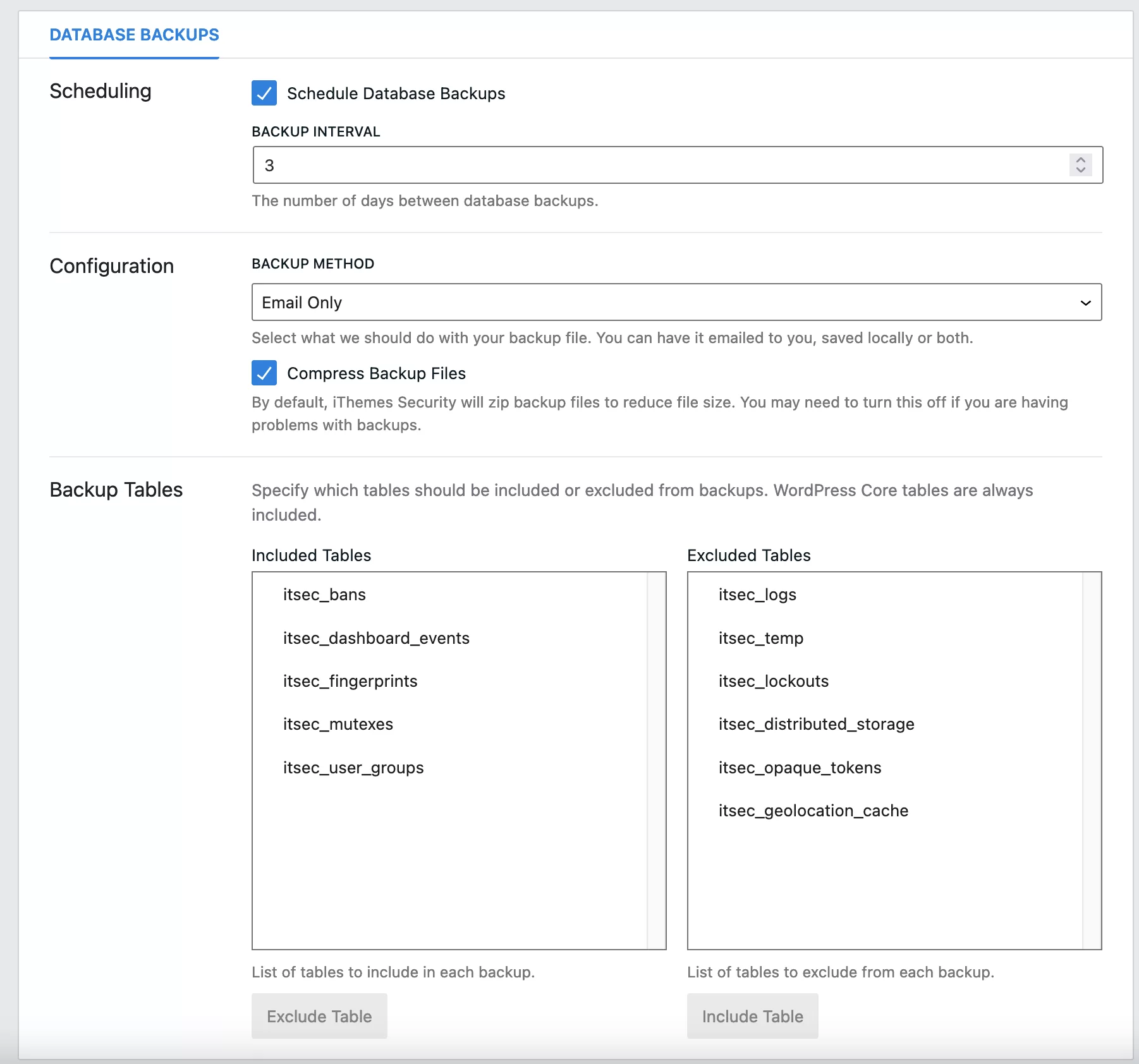 Le module Sauvegardes de bases de données dans iThemes Security.