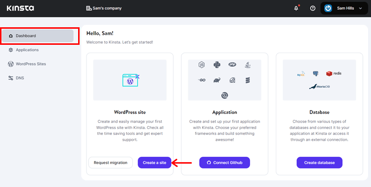 Crear un sitio en Kinsta Dashboard - Alojamiento