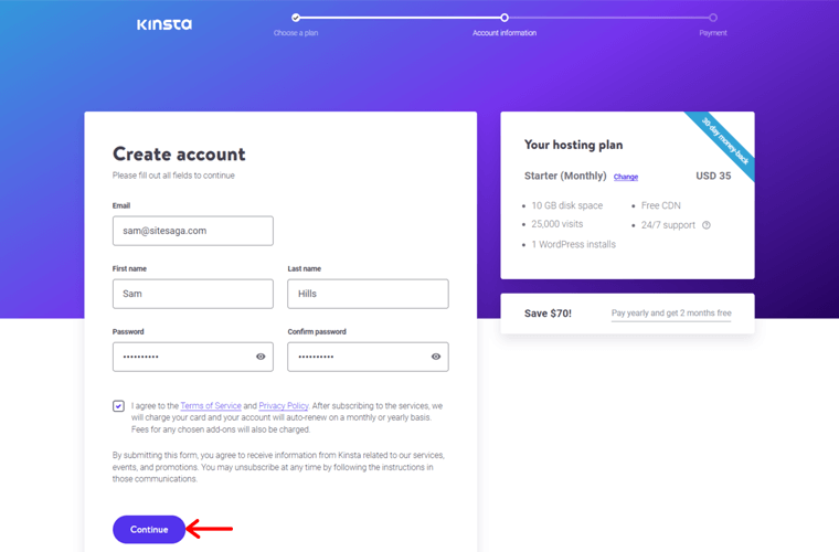 Форма информации об учетной записи Kinsta