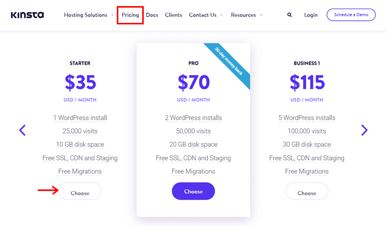 Kinsta 호스팅 계획 선택