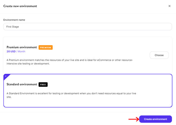 Kinsta - Crear un entorno