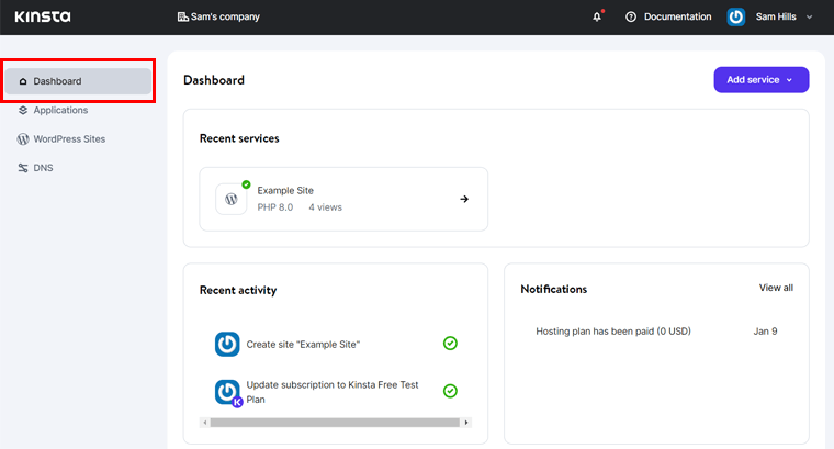 Menu du tableau de bord dans l'hébergement Kinsta