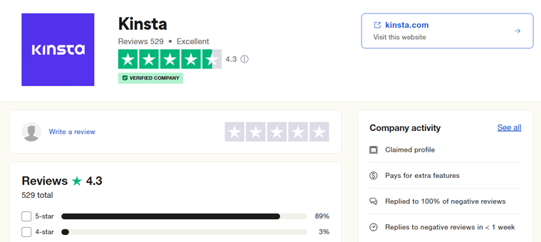 คะแนน Kinsta Hosting Trustpilot