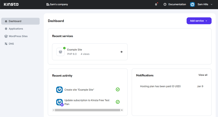 Panel de MyKinsta