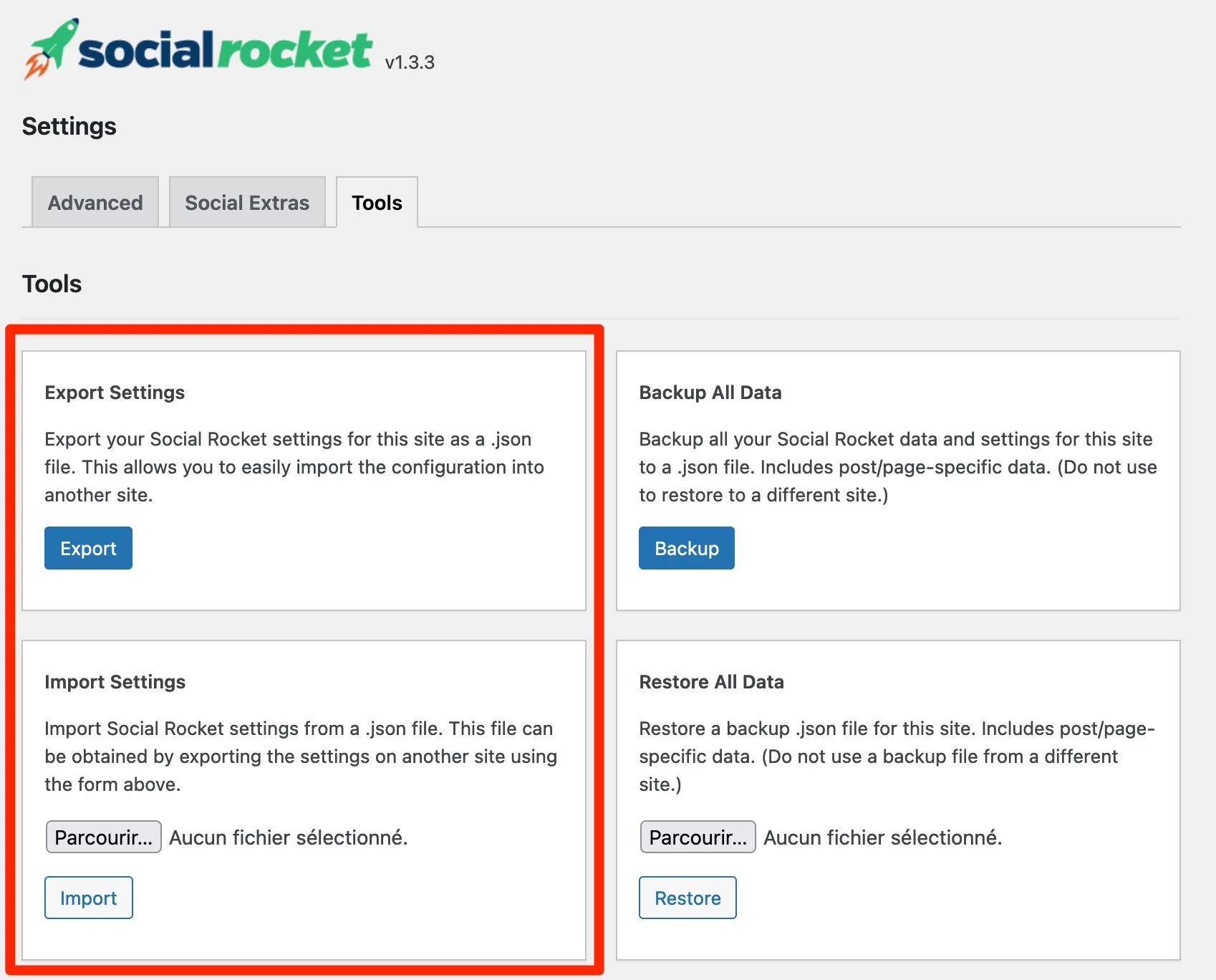 Social Rocket le permite importar o exportar su configuración.