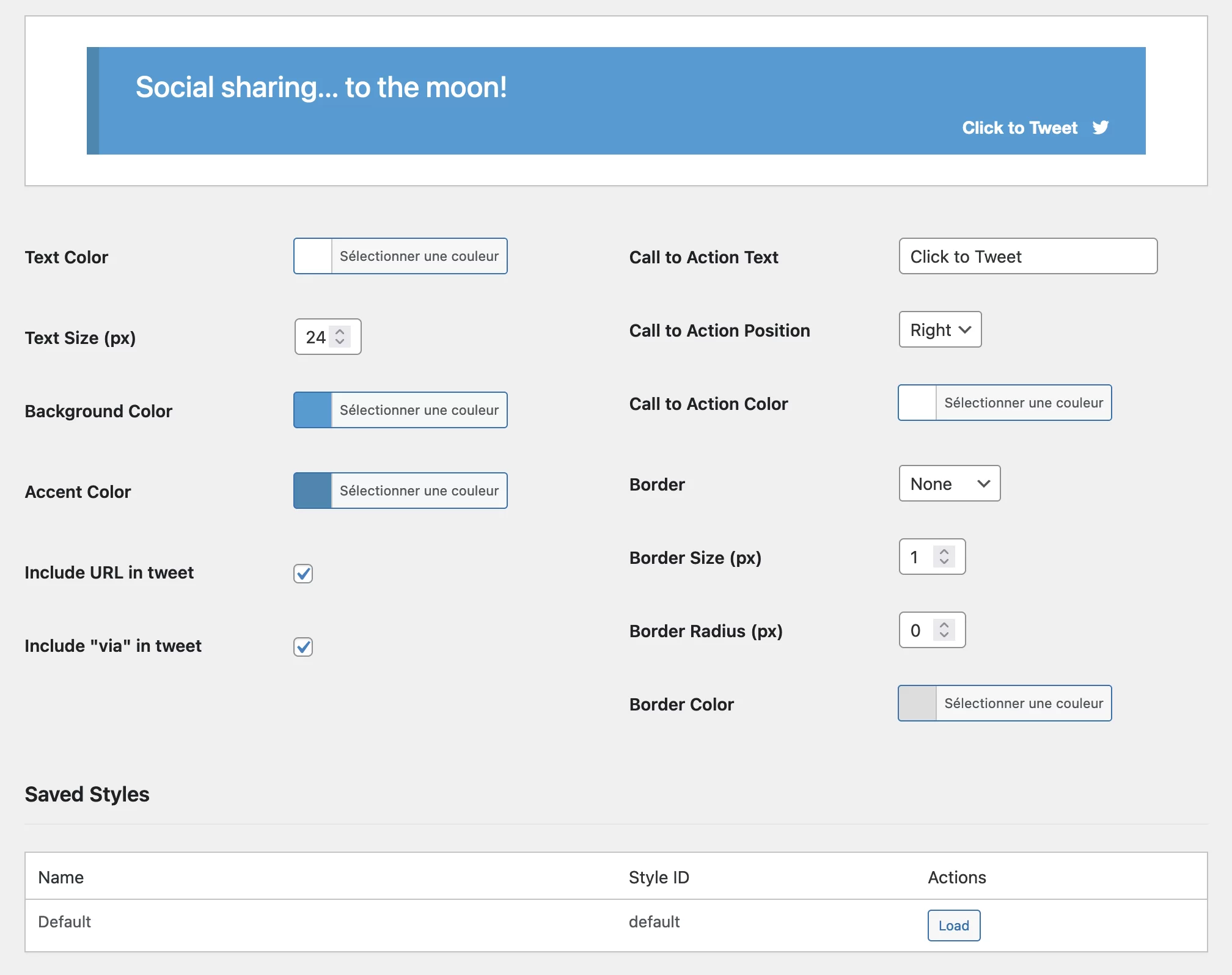 Die Click-to-Tweet-Optionen von Social Rocket.