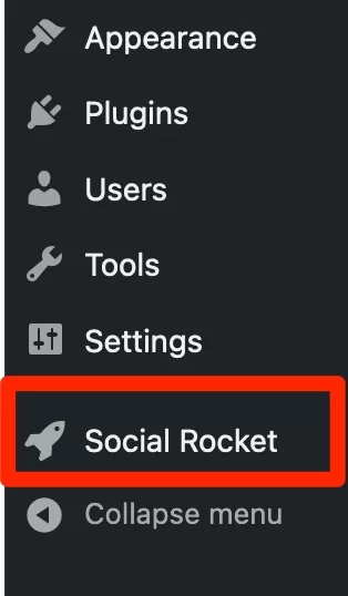 เมนู Social Rocket ในอินเทอร์เฟซผู้ดูแลระบบ WordPress