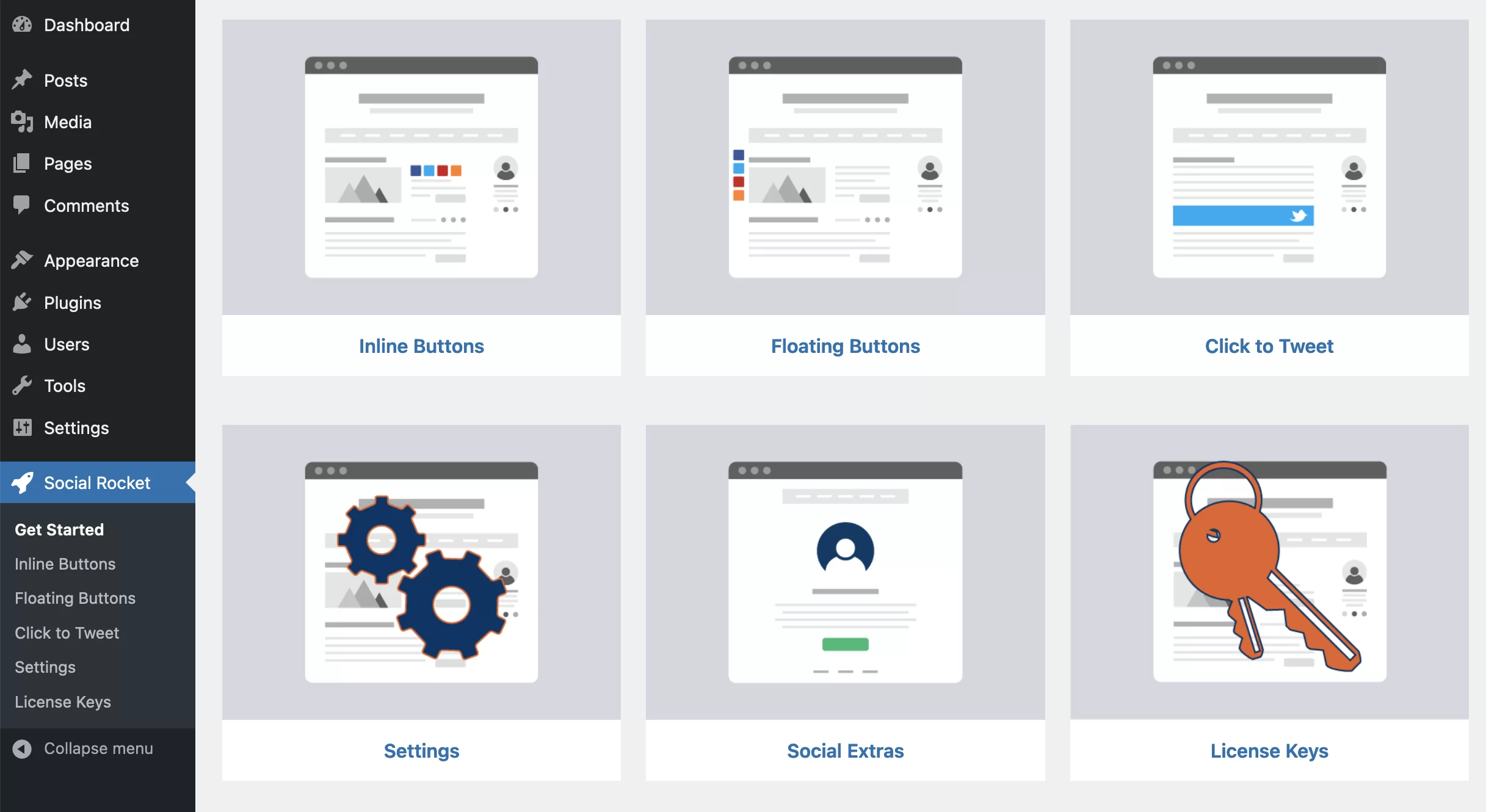 Das Dashboard des Social Rocket-Plugins.