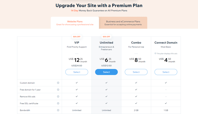 Planos de sites Wix