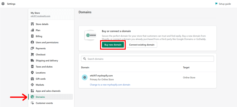 Ir a Dominios para comprar un nuevo dominio