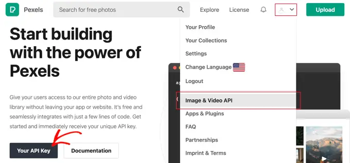 Wählen Sie im Benutzermenü „Images & Video API“ und klicken Sie dann auf die Schaltfläche „Your API Key“.