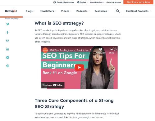 лучшие идеи для блога, маркетинговый пост HubSpot о SEO с видео.