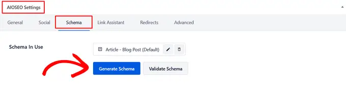 AIOSEO에서 Generate Schema 버튼을 클릭합니다.