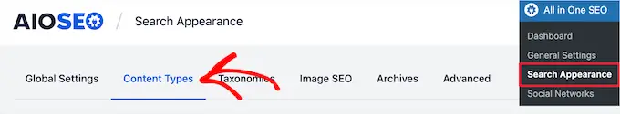 AIOSEO 검색 노출로 이동하여 콘텐츠 유형을 클릭합니다.
