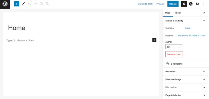 Editing the 'Home' Page With the Block Editor