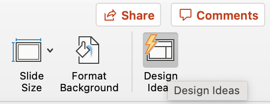 상단 표시줄의 PowerPoint 디자인 아이디어 옵션