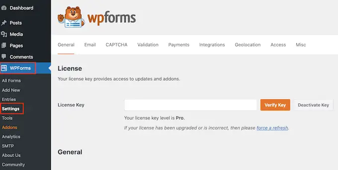 WPForms 라이센스 키 입력