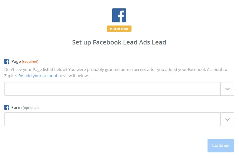 Zapier에서 Facebook 광고 설정 양식.